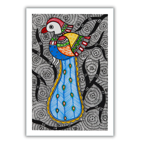 handmade madhubani painting painting peacock-in vibrant traditional folk art style