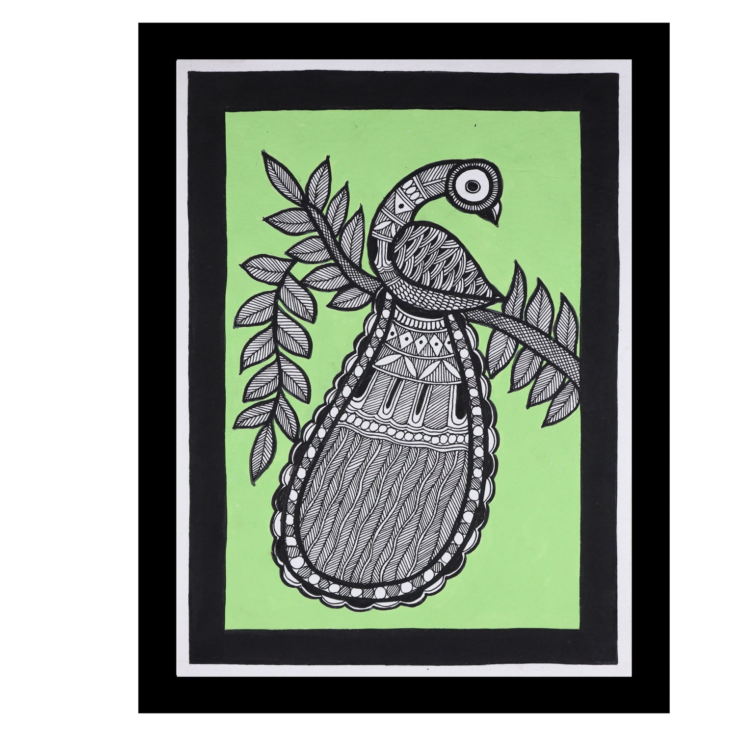 Framed artwork of a colorful peacock -with handmade madhubani painting 