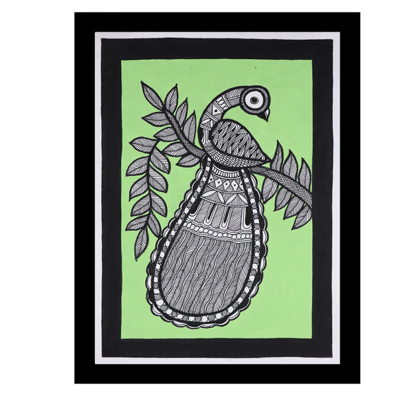Framed artwork of a colorful peacock -with handmade madhubani painting 
