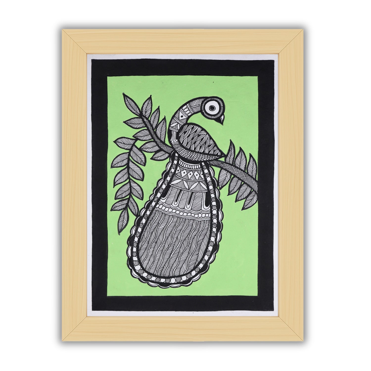 Framed artwork of a colorful peacock -with handmade madhubani painting 