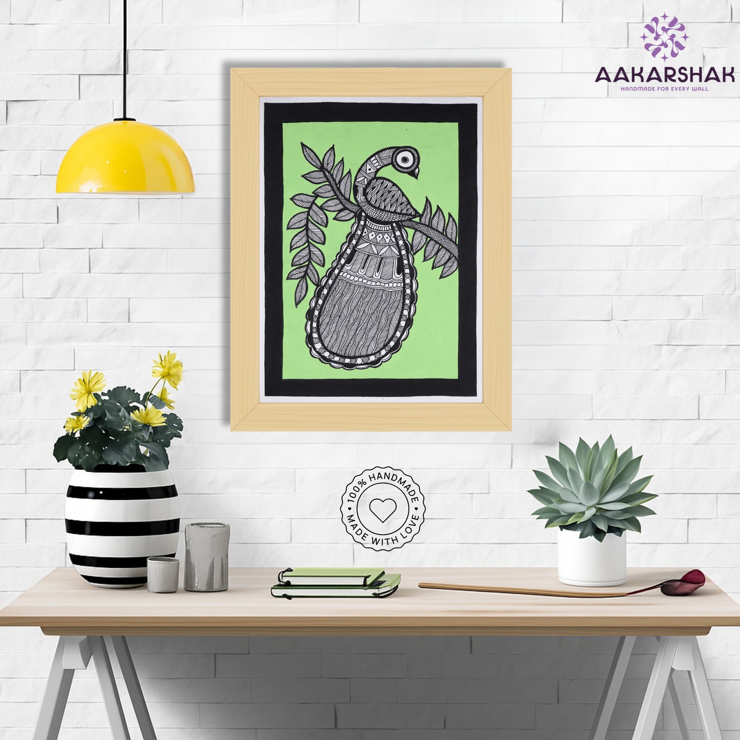 Framed artwork with peacock design -handmade madhubani painting for home decor