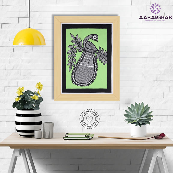 Framed artwork with peacock design -handmade madhubani painting for home decor