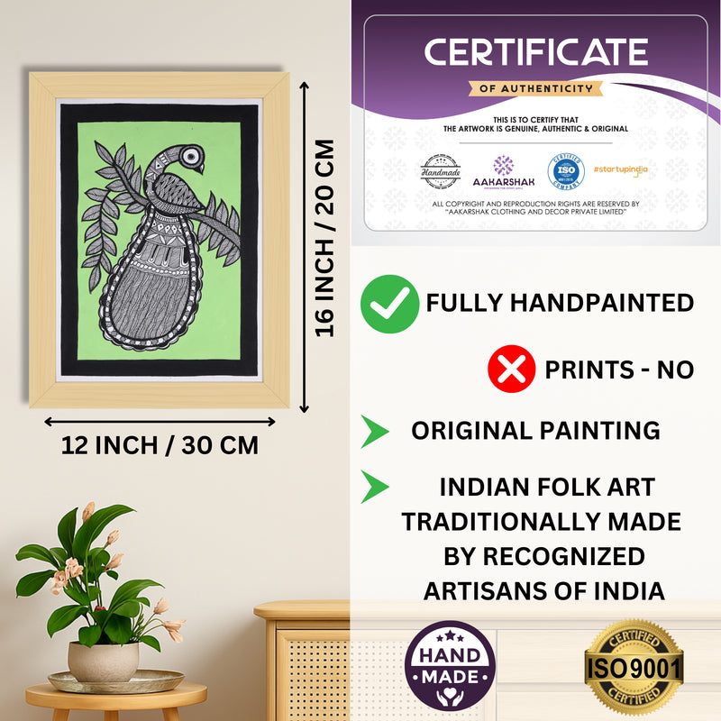 Framed artwork with dimensions, authenticity certificate and handmade iso certified-peacock madhubani painting