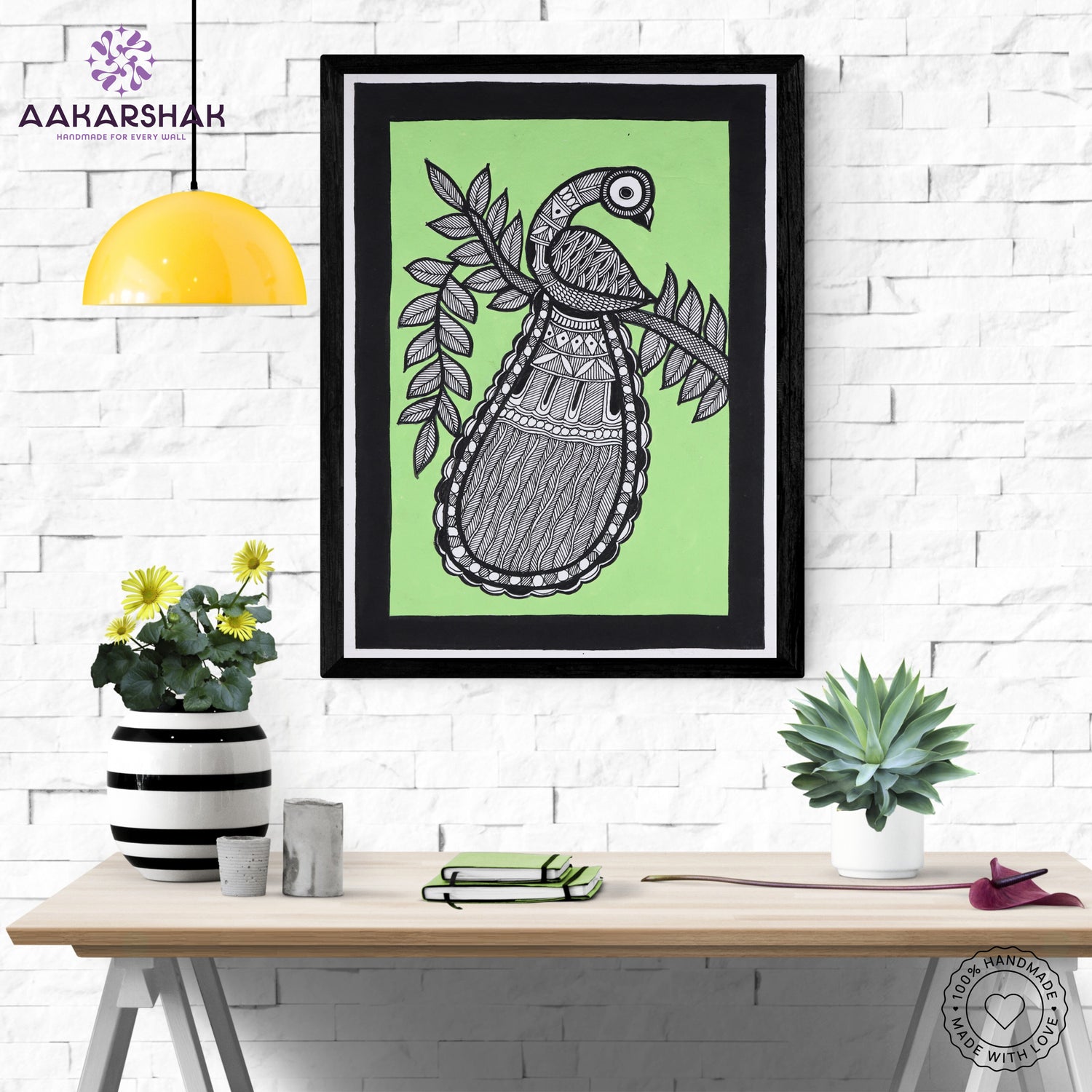 Framed artwork with dancing peacock design -handmade madhubani painting for home decor