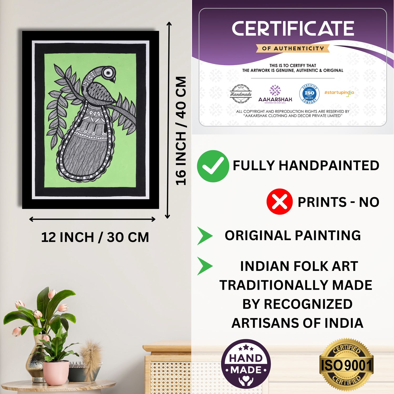 Framed artwork with dimensions, authenticity certificate and handmade iso certified-peacock madhubani painting