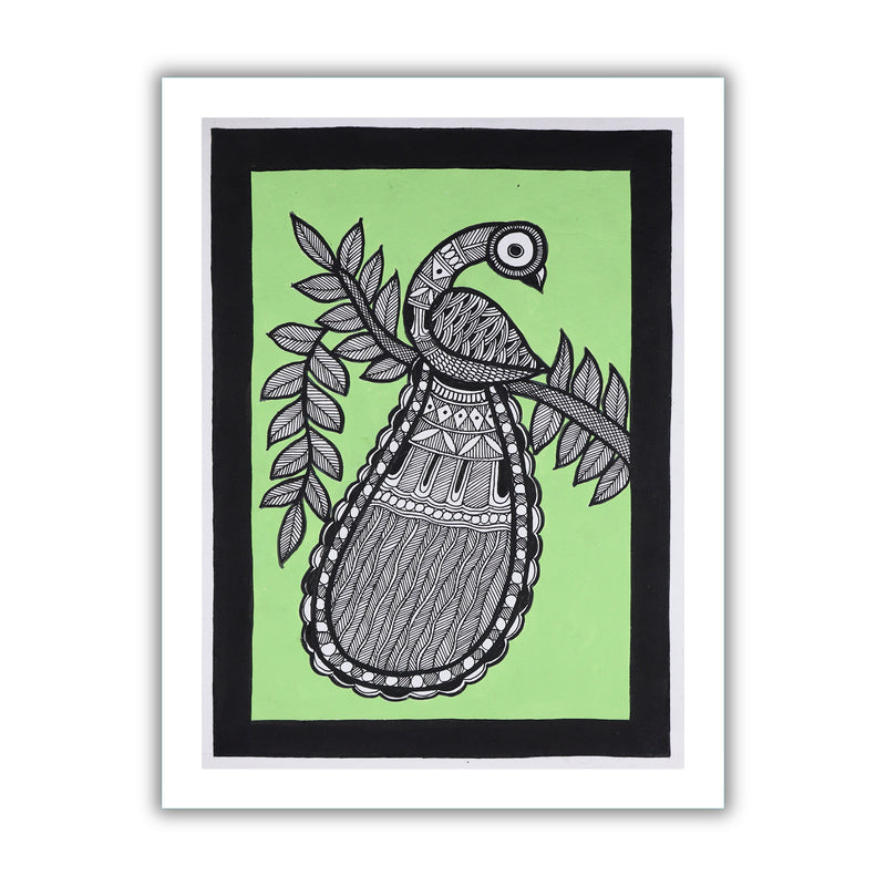 Framed artwork of a colorful peacock -with handmade madhubani painting 