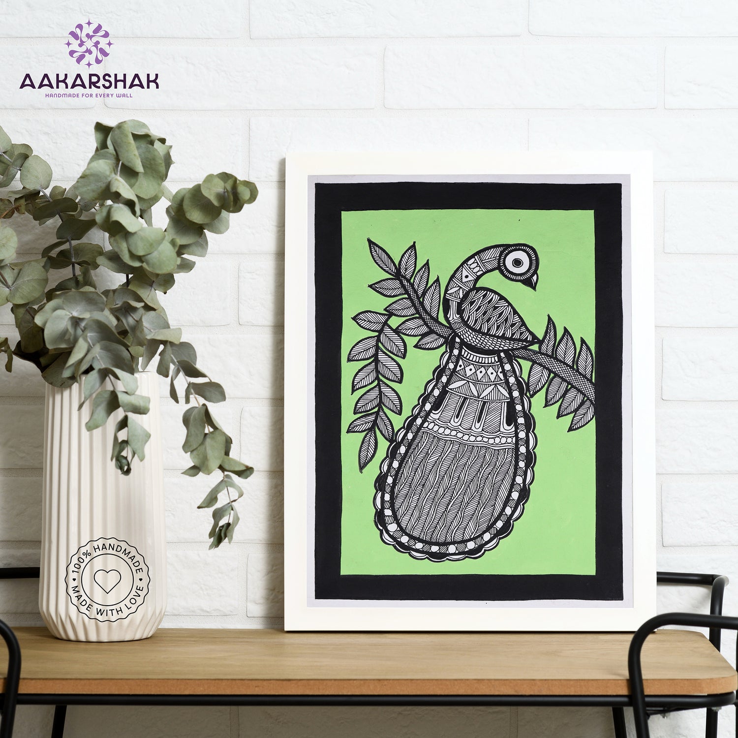 Framed artwork with dancing peacock design -handmade madhubani painting for home decor