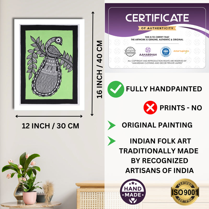 Framed artwork with dimensions, authenticity certificate and handmade iso certified-peacock madhubani painting