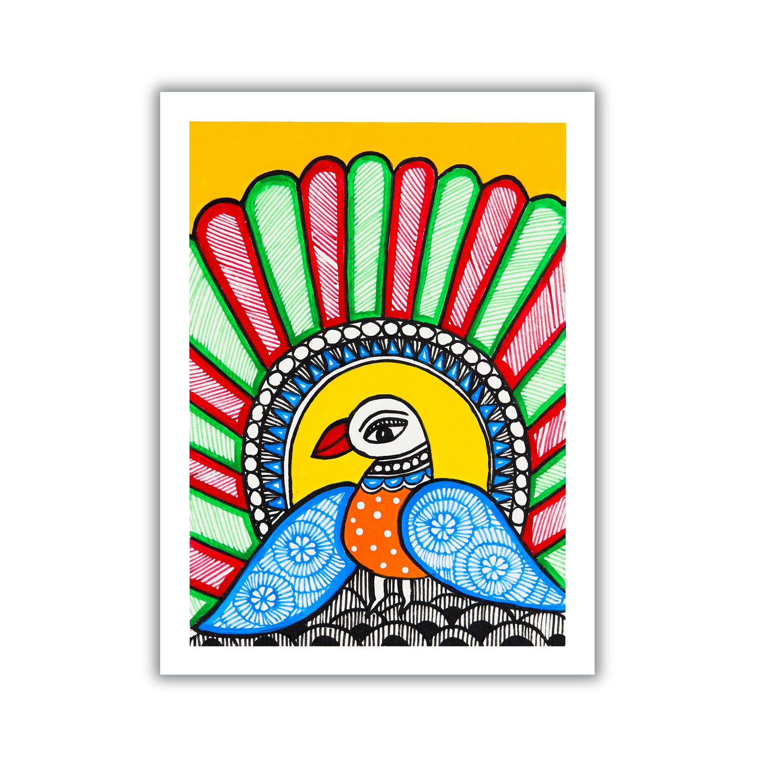 handmade madhubani painting peacock-in vibrant traditional folk art style
