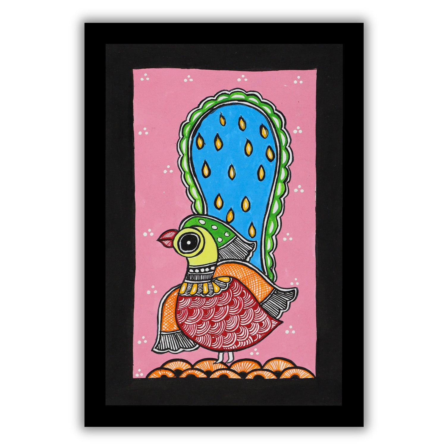 handmade madhubani painting painting peacock-in vibrant traditional folk art style
