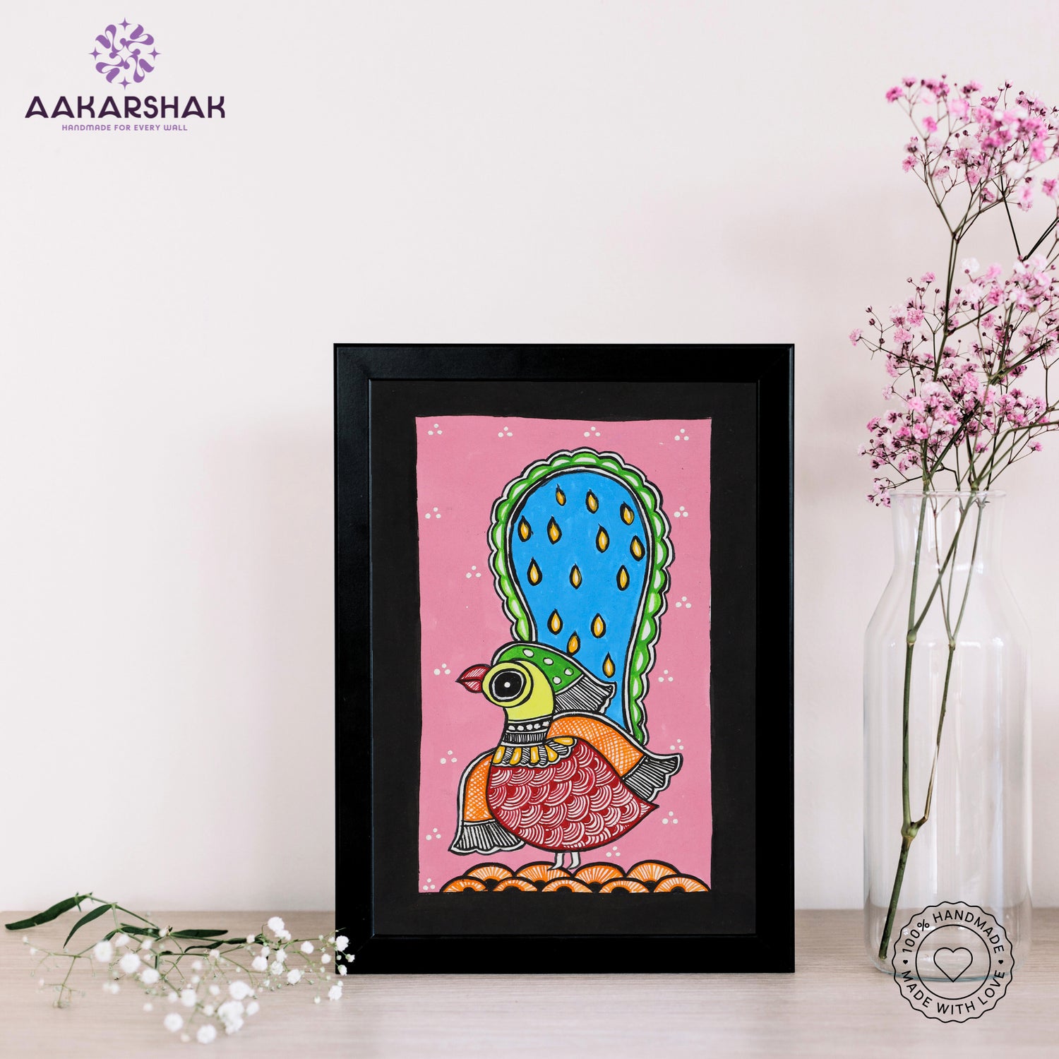 handmade madhubani painting peacock painting-with tabletop stand for home decor
