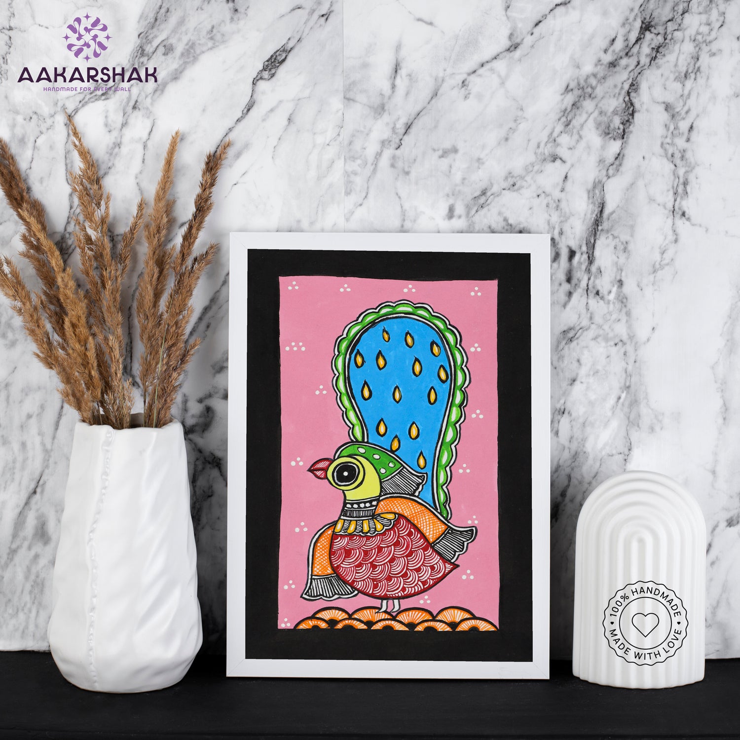 handmade madhubani painting peacock painting-with tabletop stand for home decor
