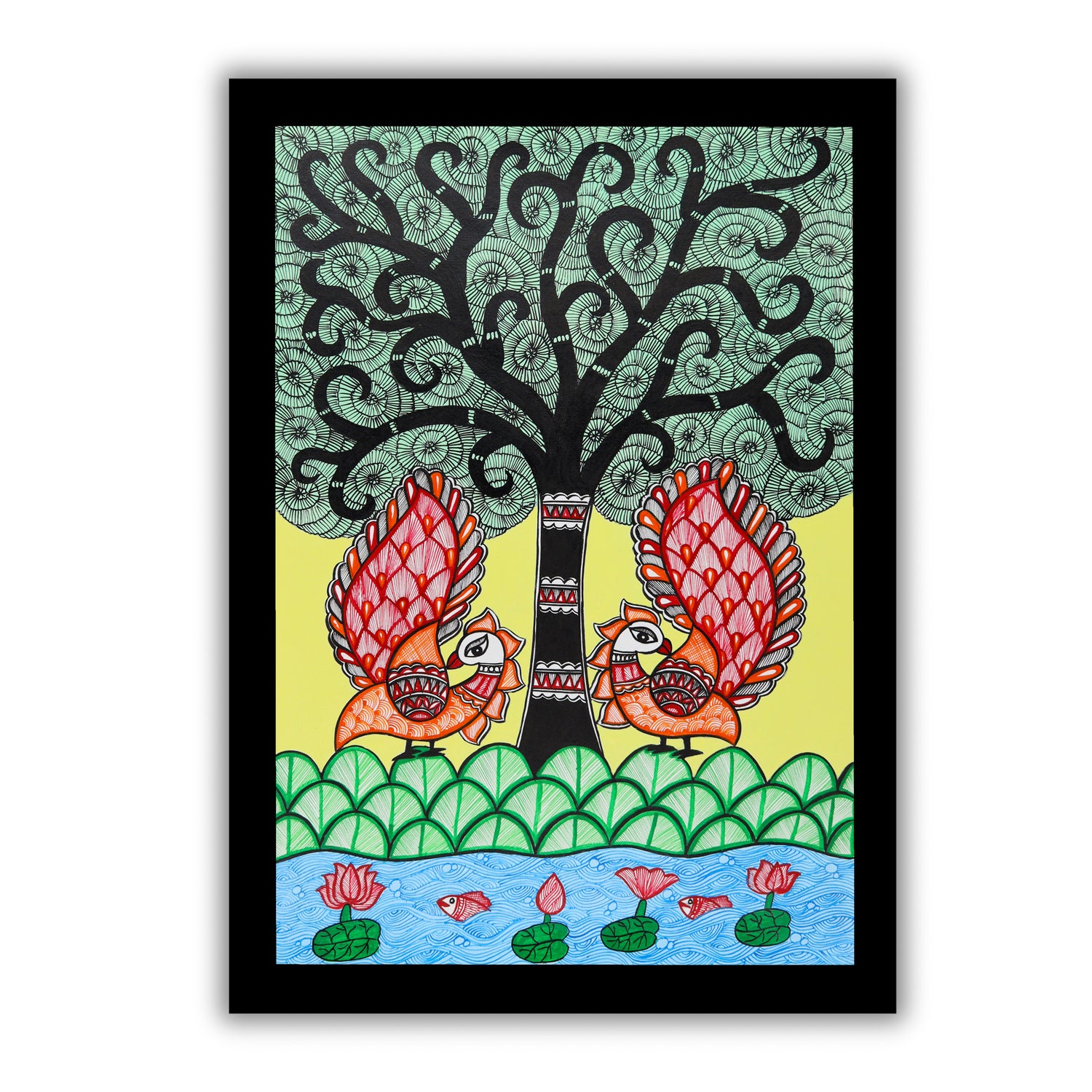 Handmade Peacock Tree of life Madhubani Painting Wall Decor 17x24