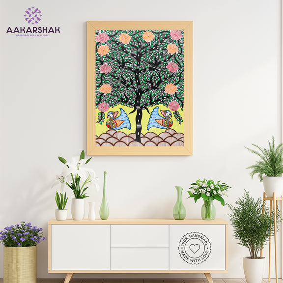 Framed artwork with peacock tree of life design -handmade madhubani painting for home decor