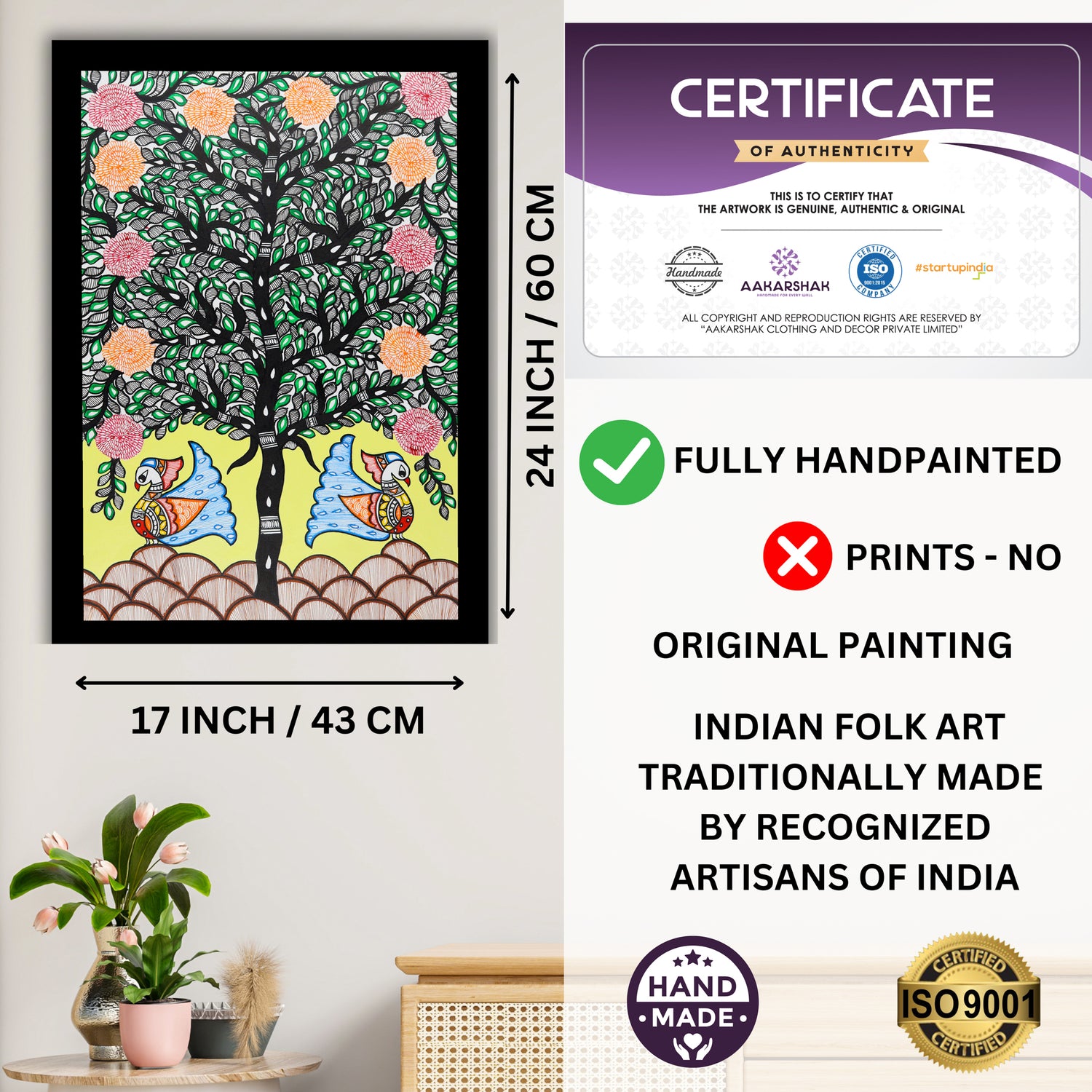 Framed artwork with dimensions, authenticity certificate and handmade iso certified-peacock tree of life madhubani painting