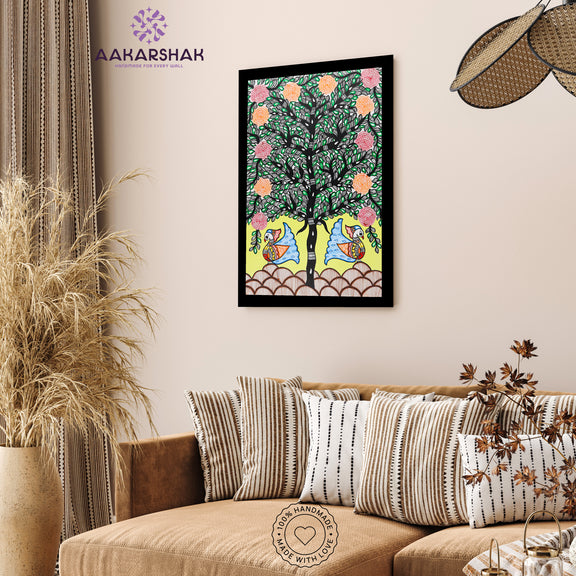 vibrant handmade peacock tree of life painting-depicting indian folk 