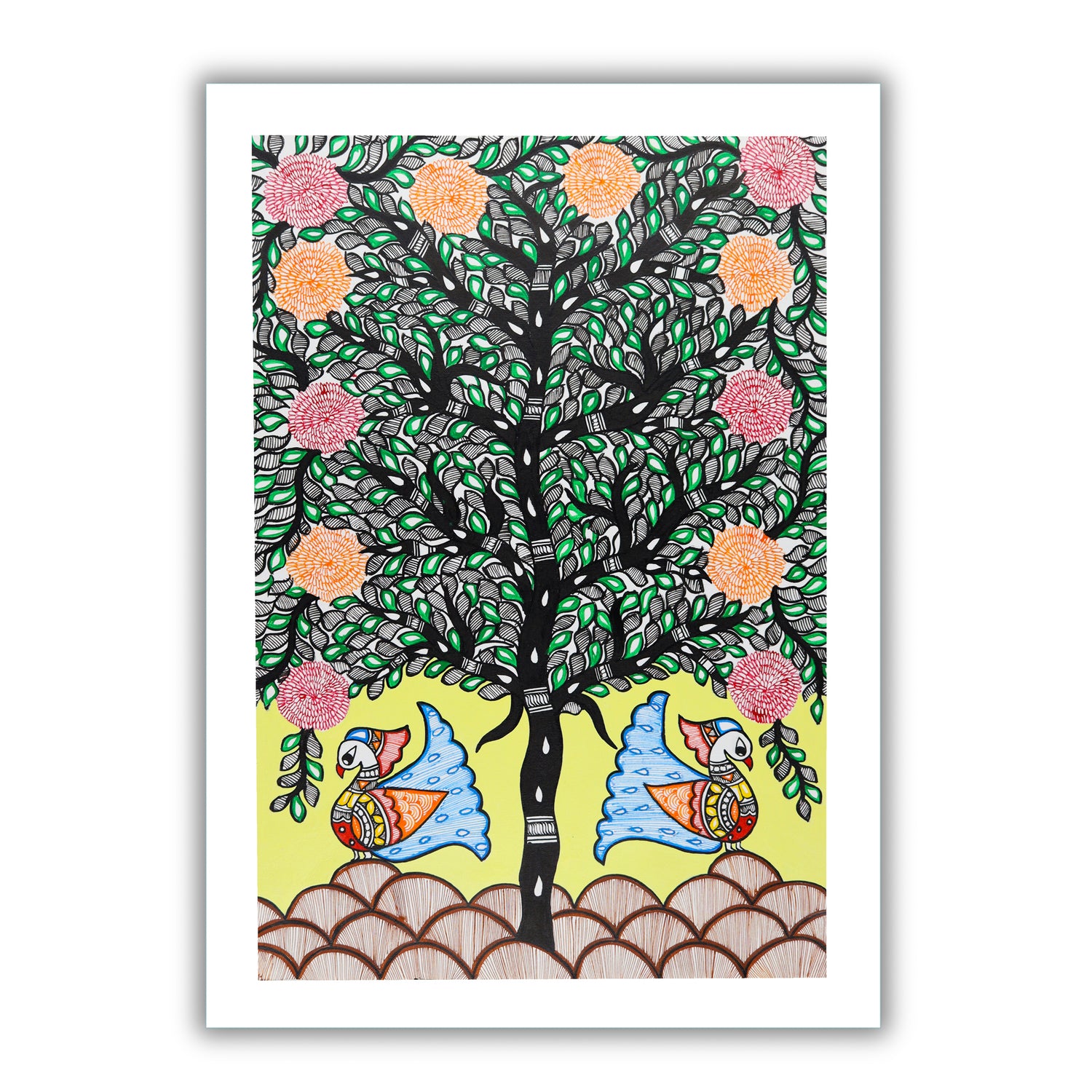 Framed artwork of a colorful peacock tree of life-with handmade madhubani 