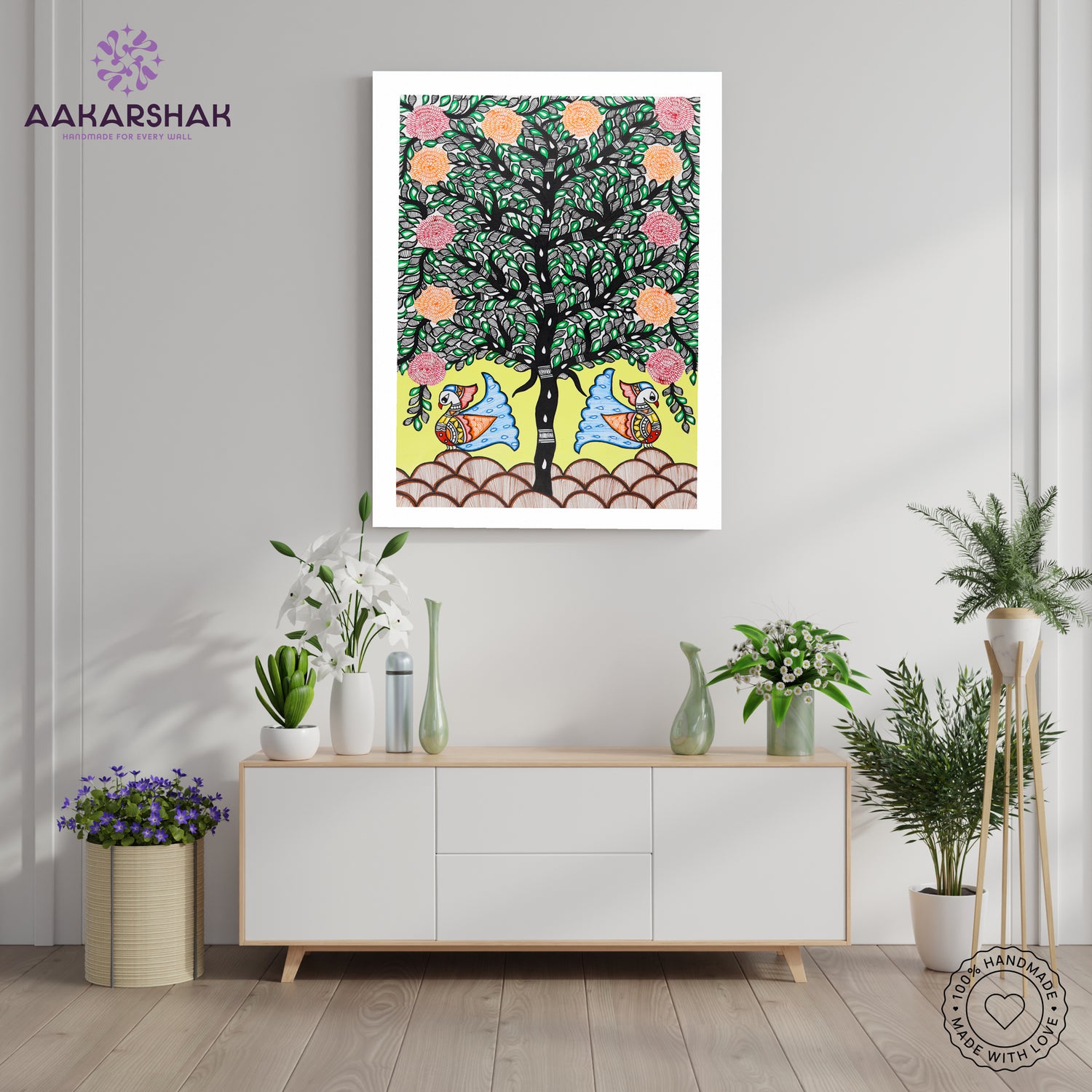 Framed artwork with peacock tree of life design -handmade madhubani painting for home decor