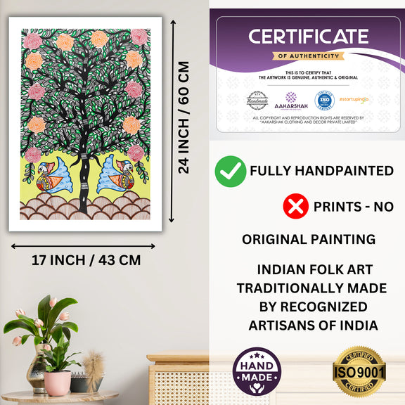 Framed artwork with dimensions, authenticity certificate and handmade iso certified-peacock tree of life madhubani painting