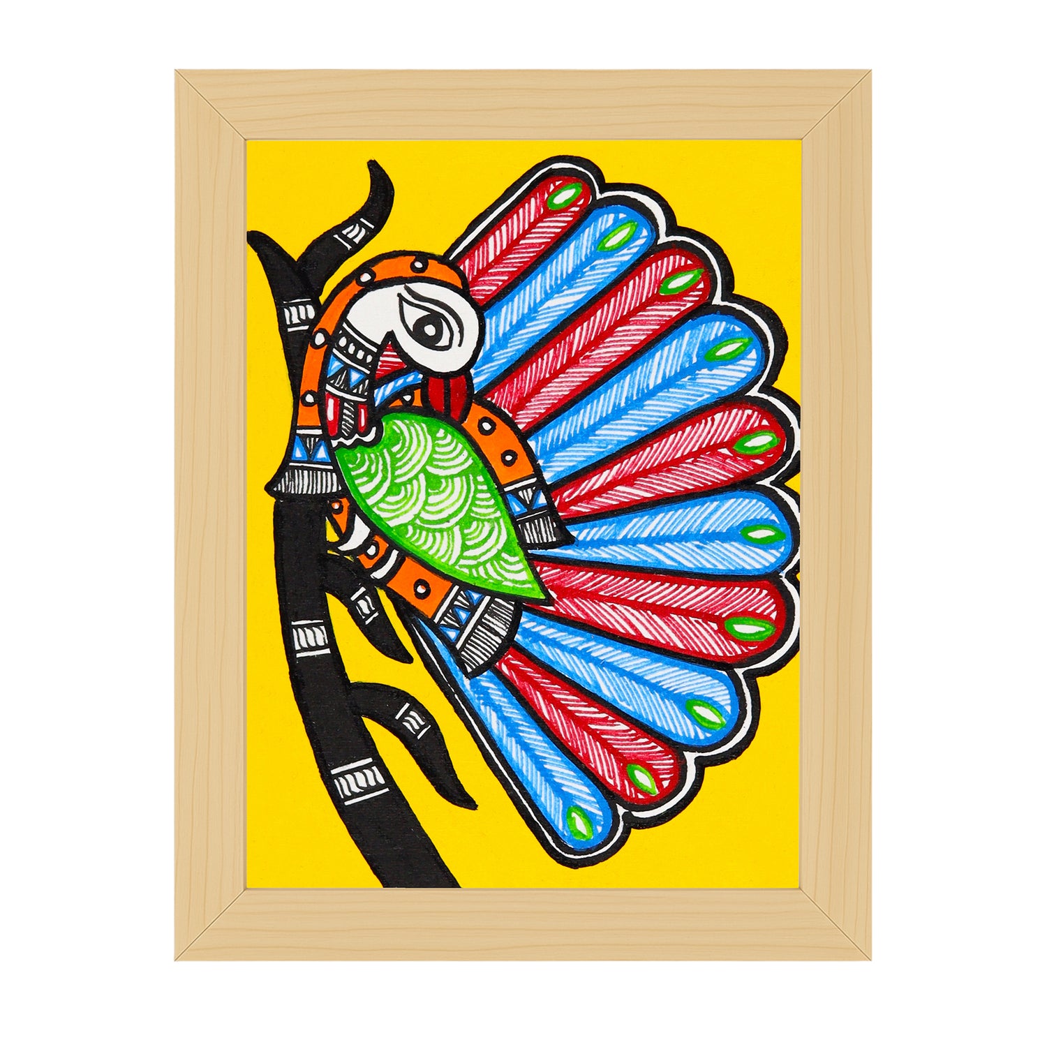 handmade madhubani painting peacock tree of life-in vibrant traditional folk art style
