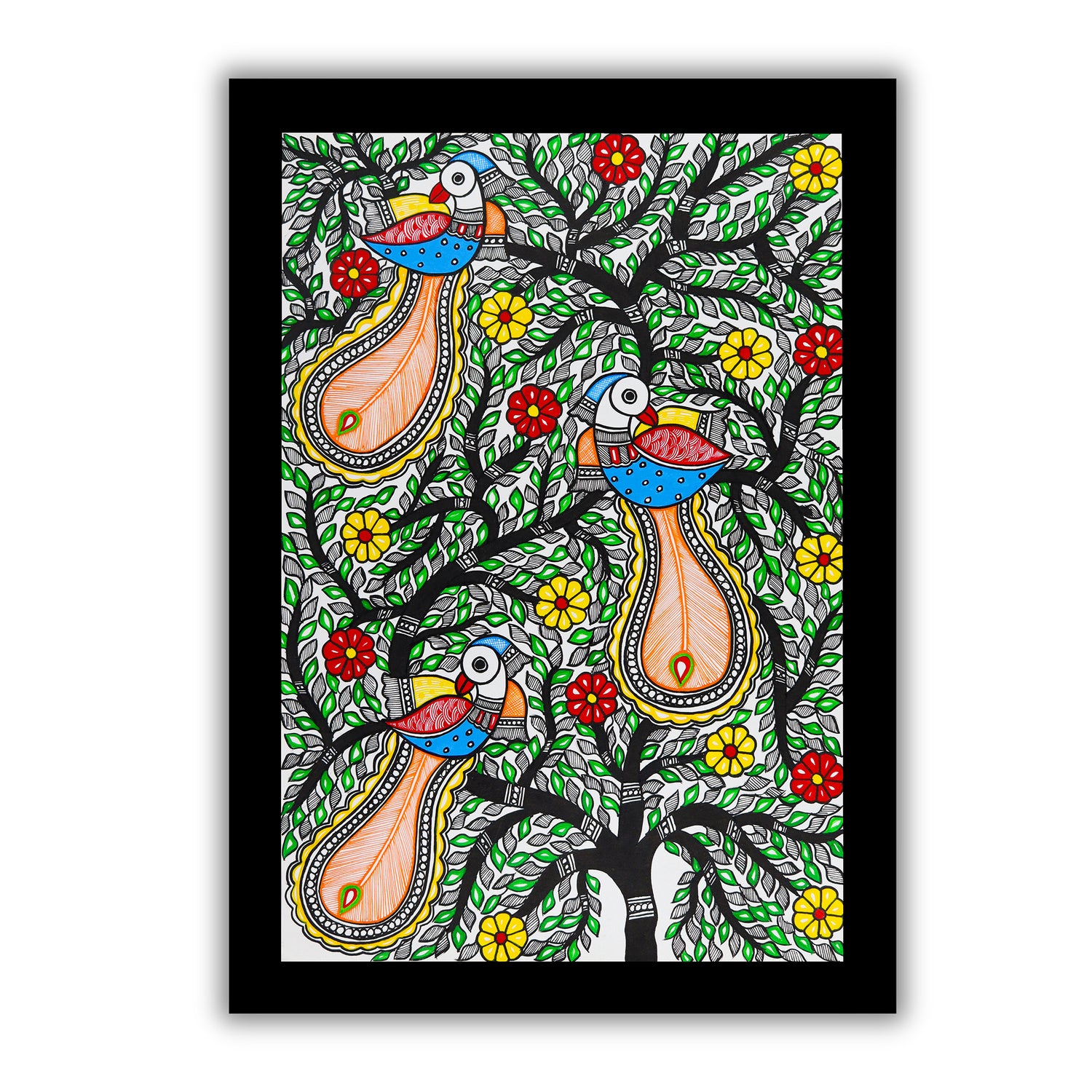 Framed artwork of a colorful peacock tree of life-with handmade madhubani painting 