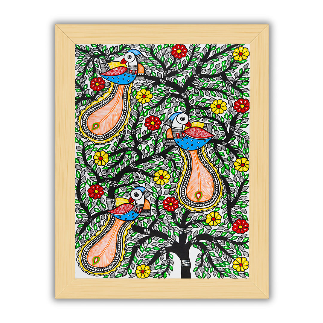 Framed artwork of a colorful peacock tree of life-with handmade madhubani painting 
