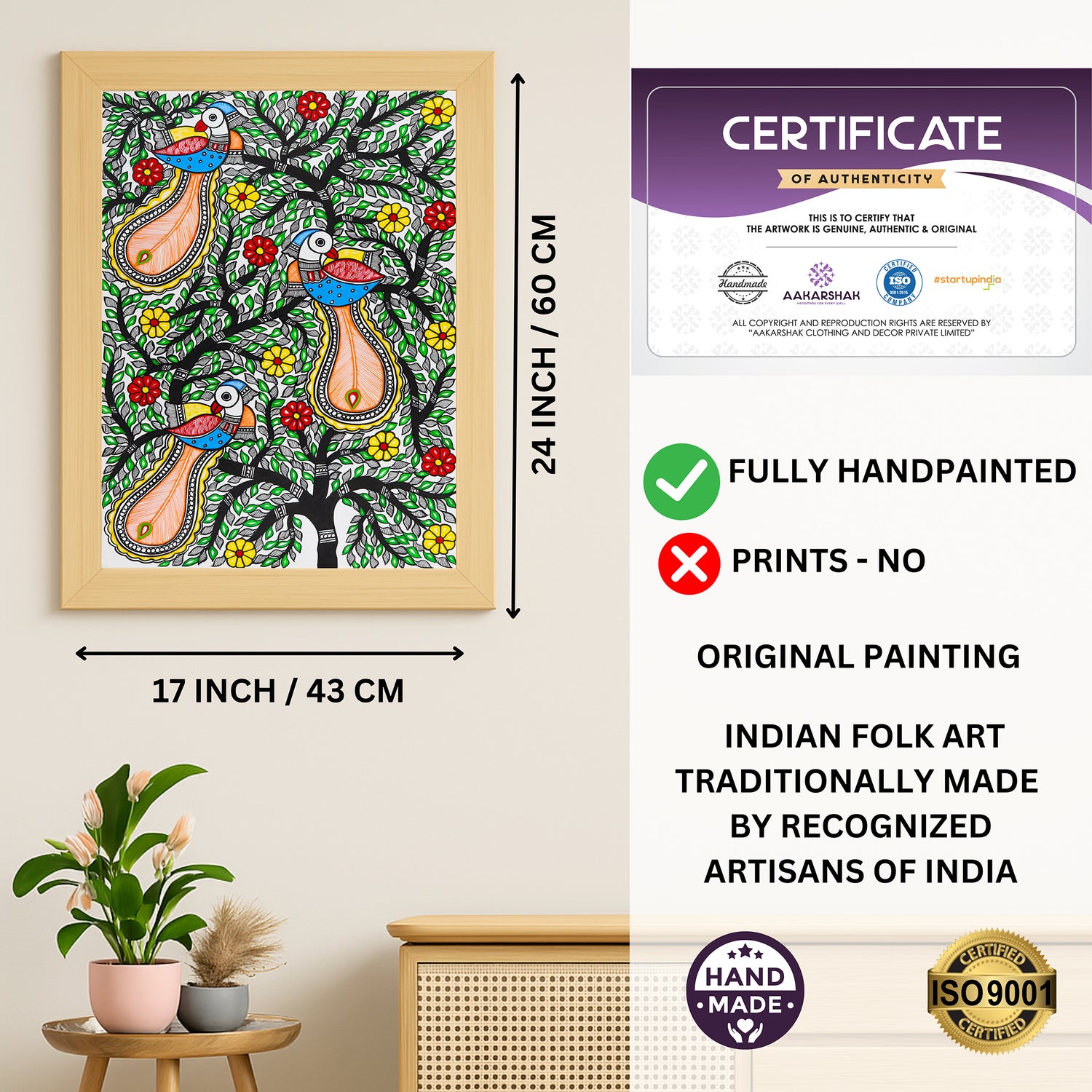 Framed artwork with dimensions, authenticity certificate and handmade iso certified-peacock tree of life madhubani painting