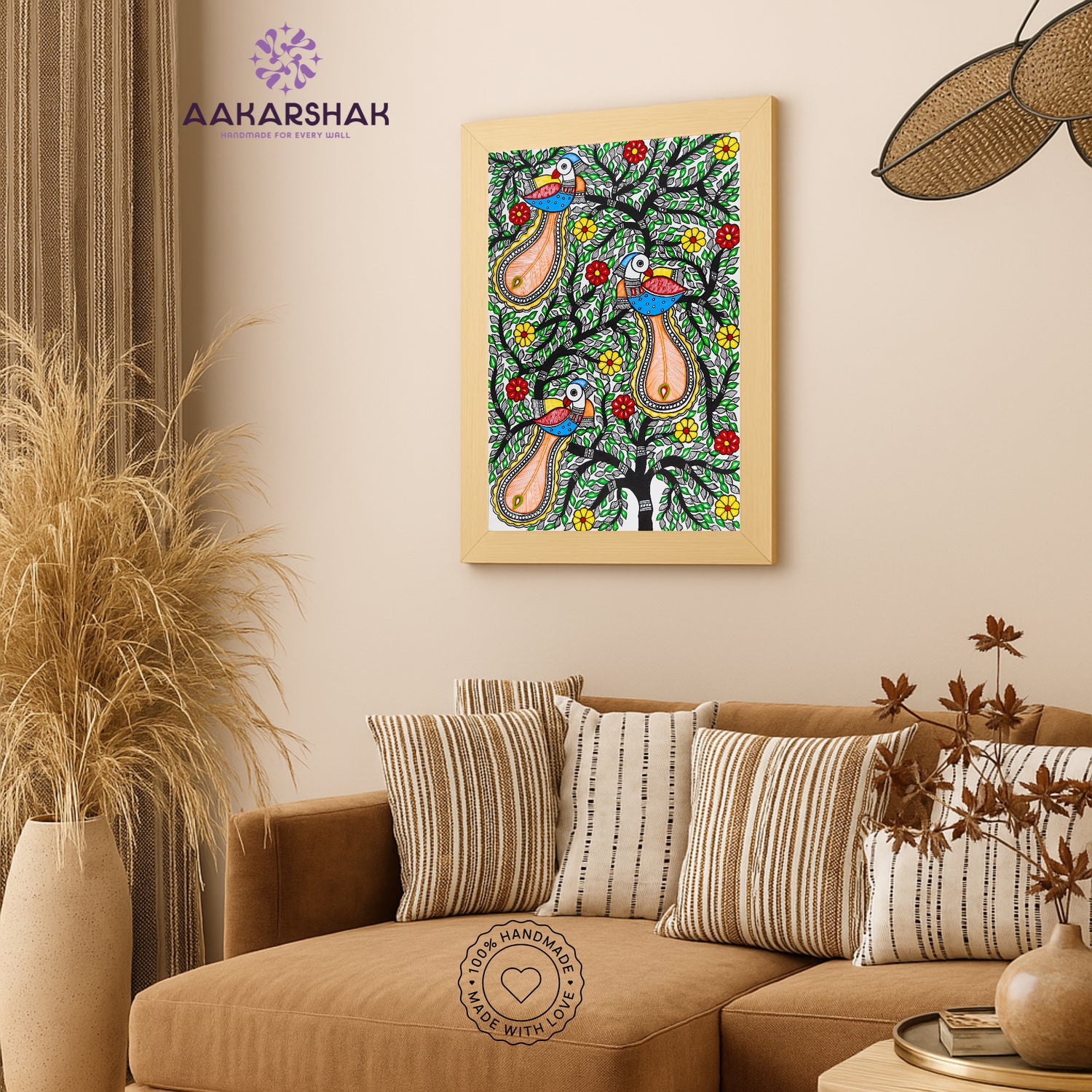 vibrant handmade peacock tree of life painting-depicting indian folk traditions