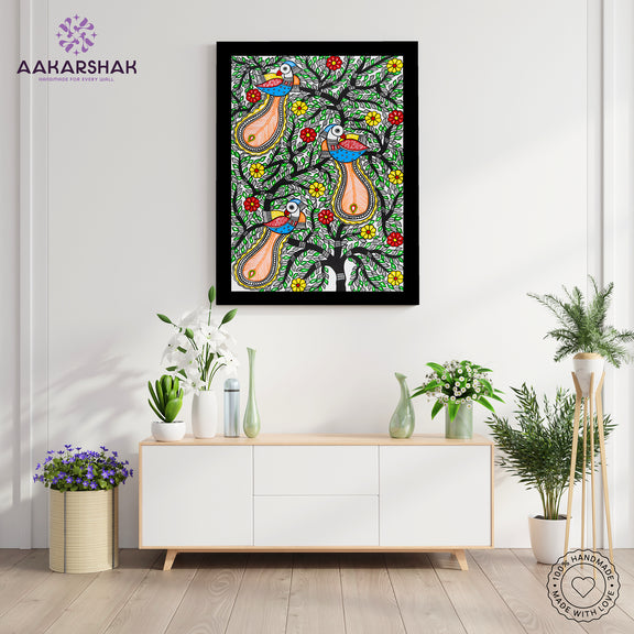Framed artwork of a colorful peacock tree of life-with handmade madhubani painting 