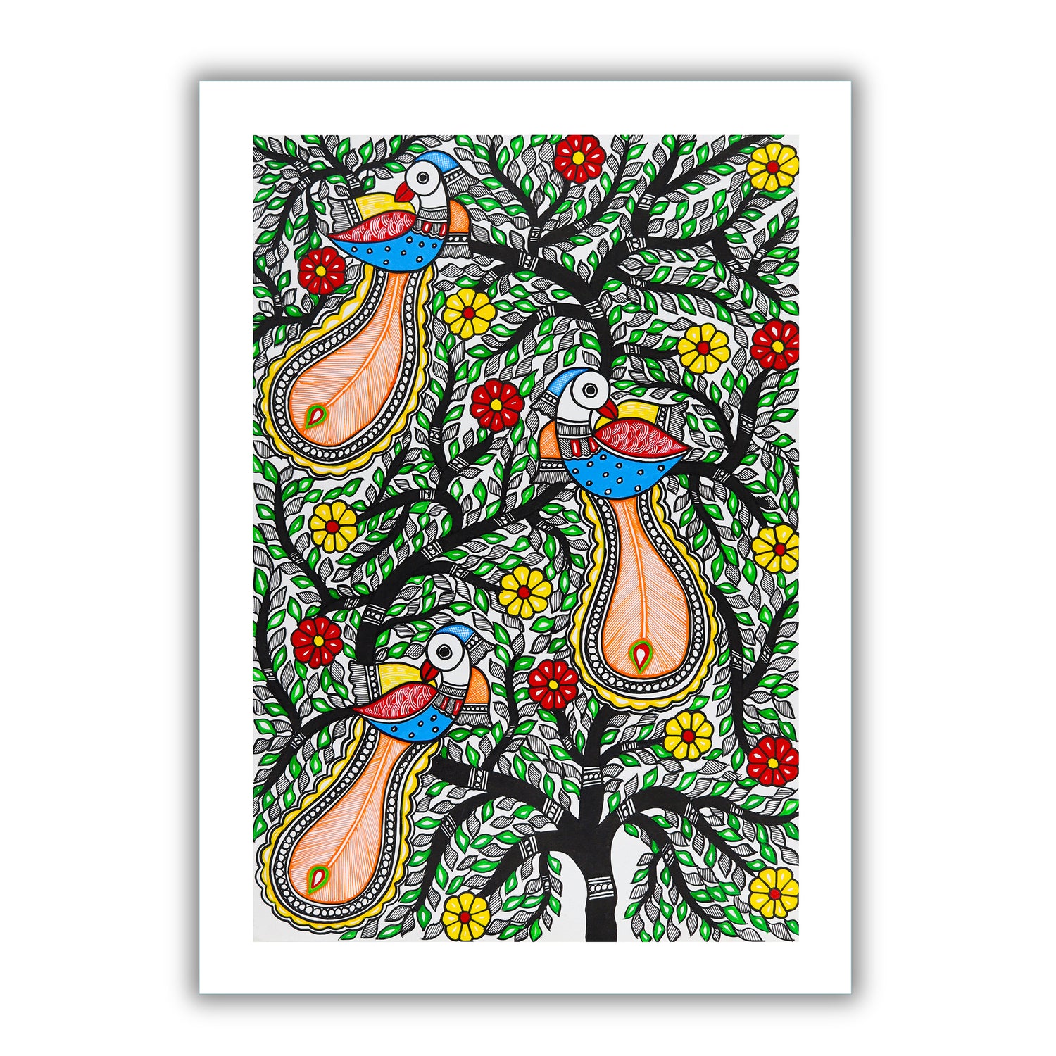 Framed artwork of a colorful peacock tree of life-with handmade madhubani painting 