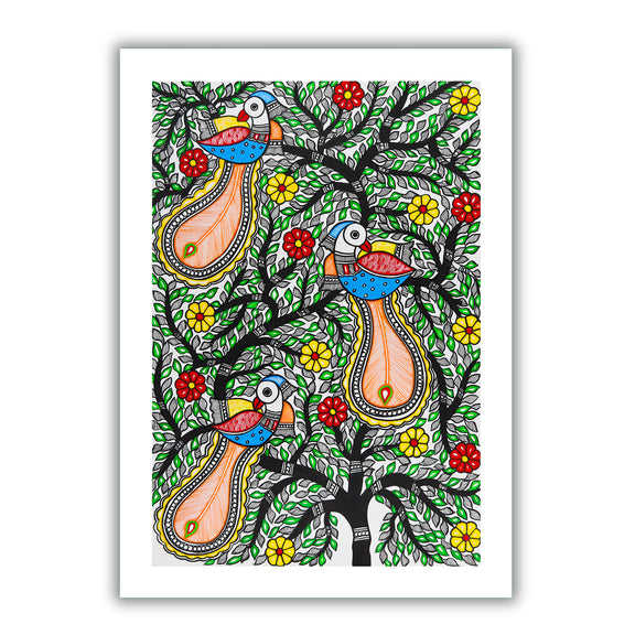 Framed artwork of a colorful peacock tree of life-with handmade madhubani painting 