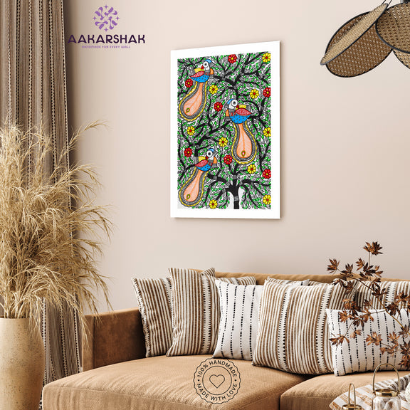 vibrant handmade peacock tree of life painting-depicting indian folk traditions