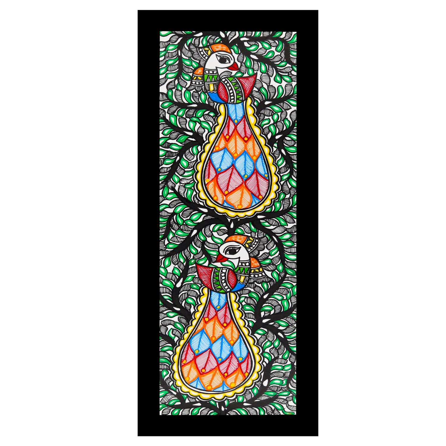 Framed artwork of a colorful peacock tree of life-with handmade madhubani painting 