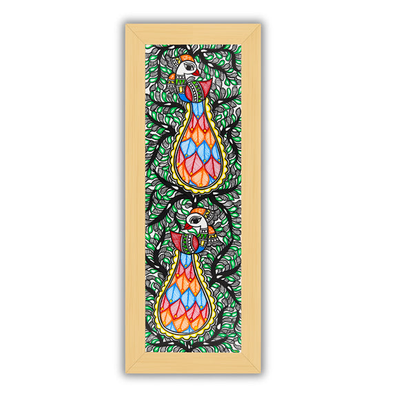 Framed artwork of a colorful peacock tree of life-with handmade madhubani painting 