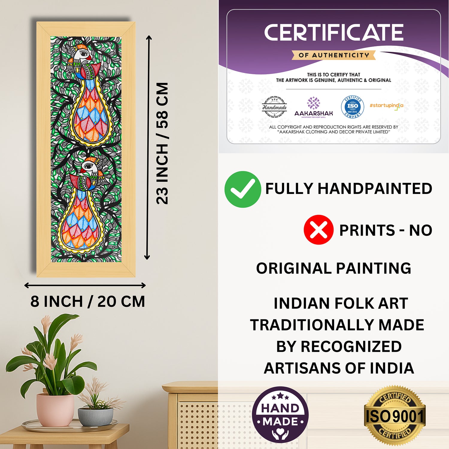Framed artwork with dimensions, authenticity certificate and handmade iso certified-tree of life madhubani painting