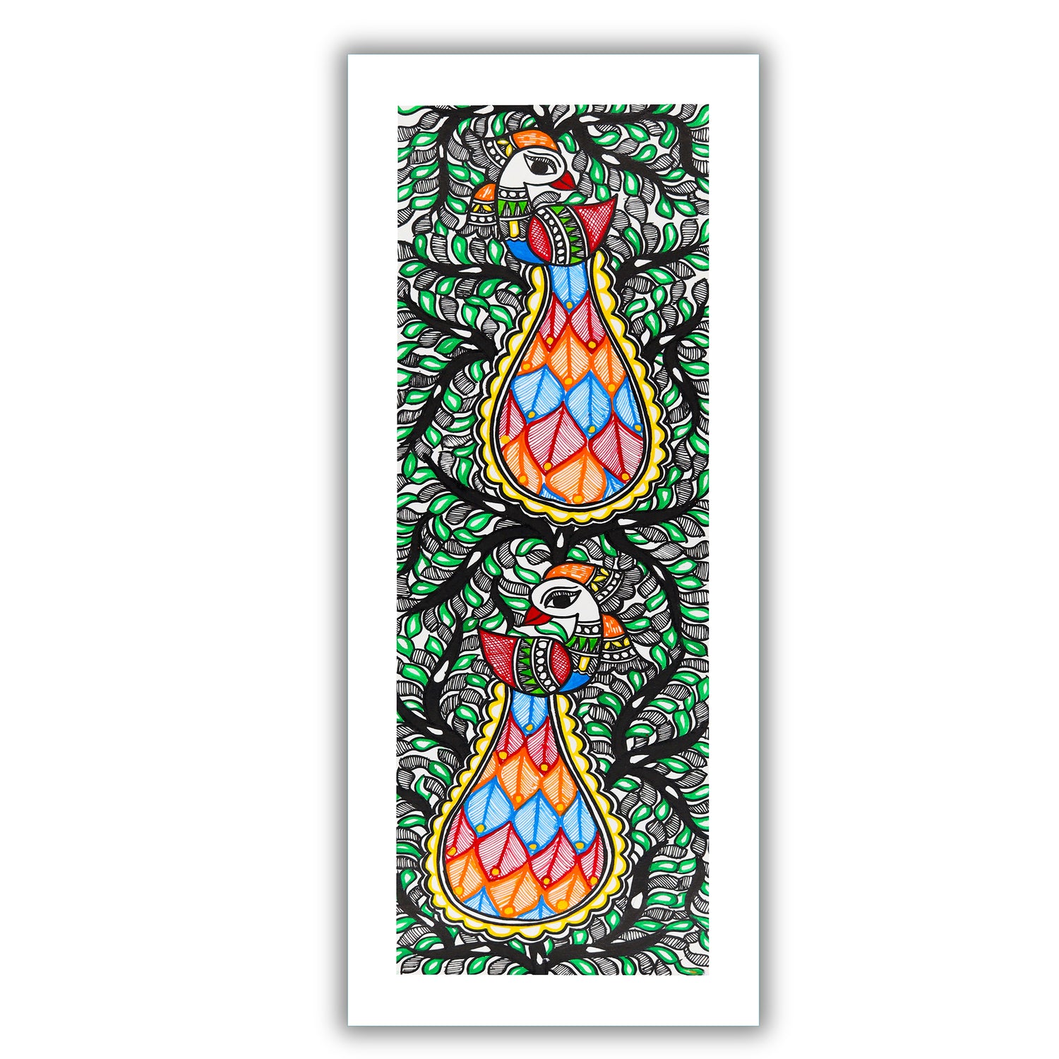 Framed artwork of a colorful peacock tree of life-with handmade madhubani painting 