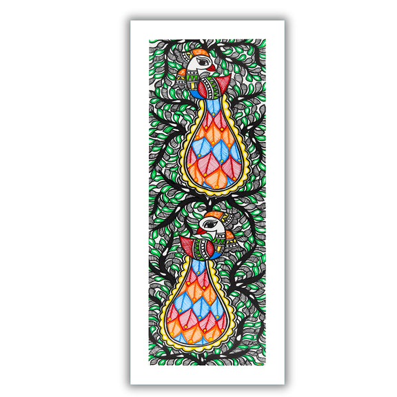 Framed artwork of a colorful peacock tree of life-with handmade madhubani painting 