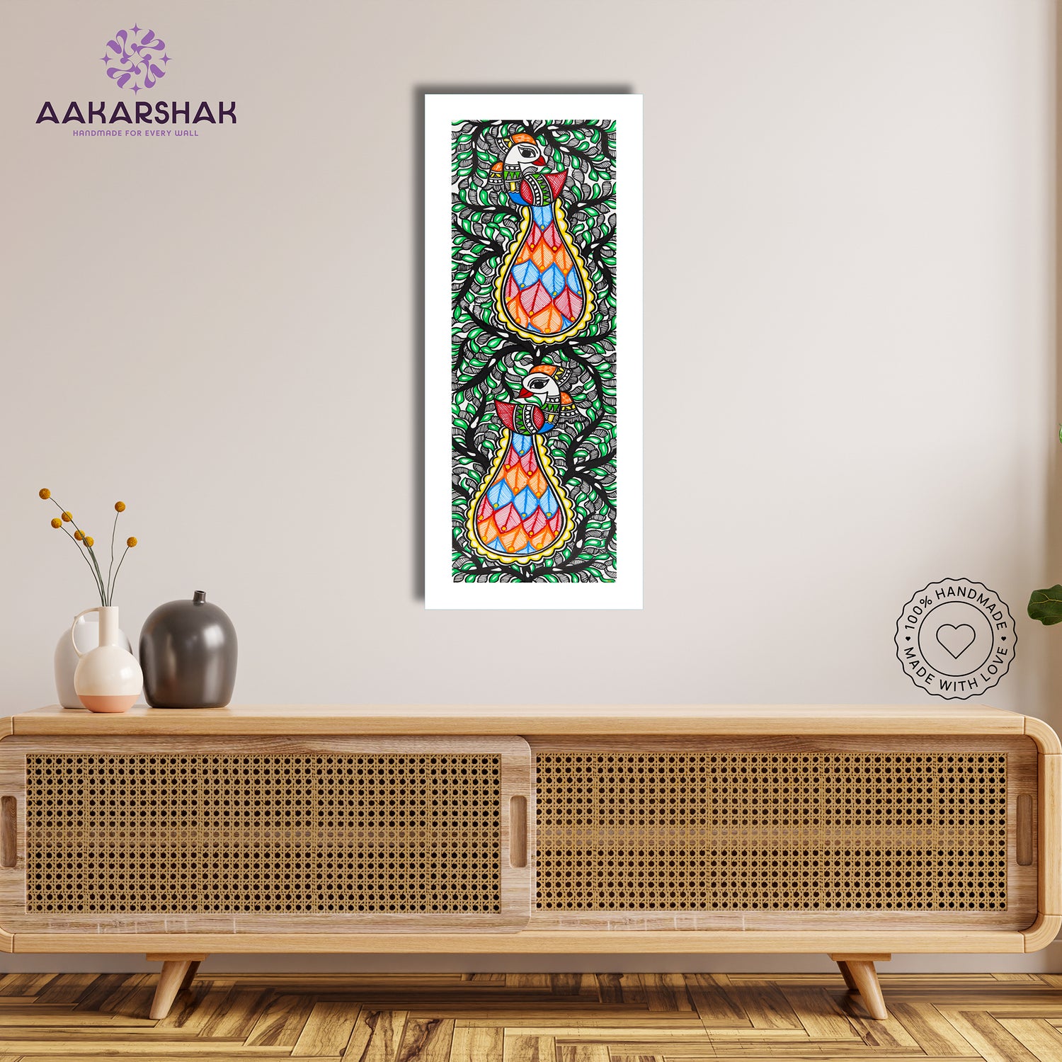 Framed artwork with peacock design -handmade madhubani painting for home decor