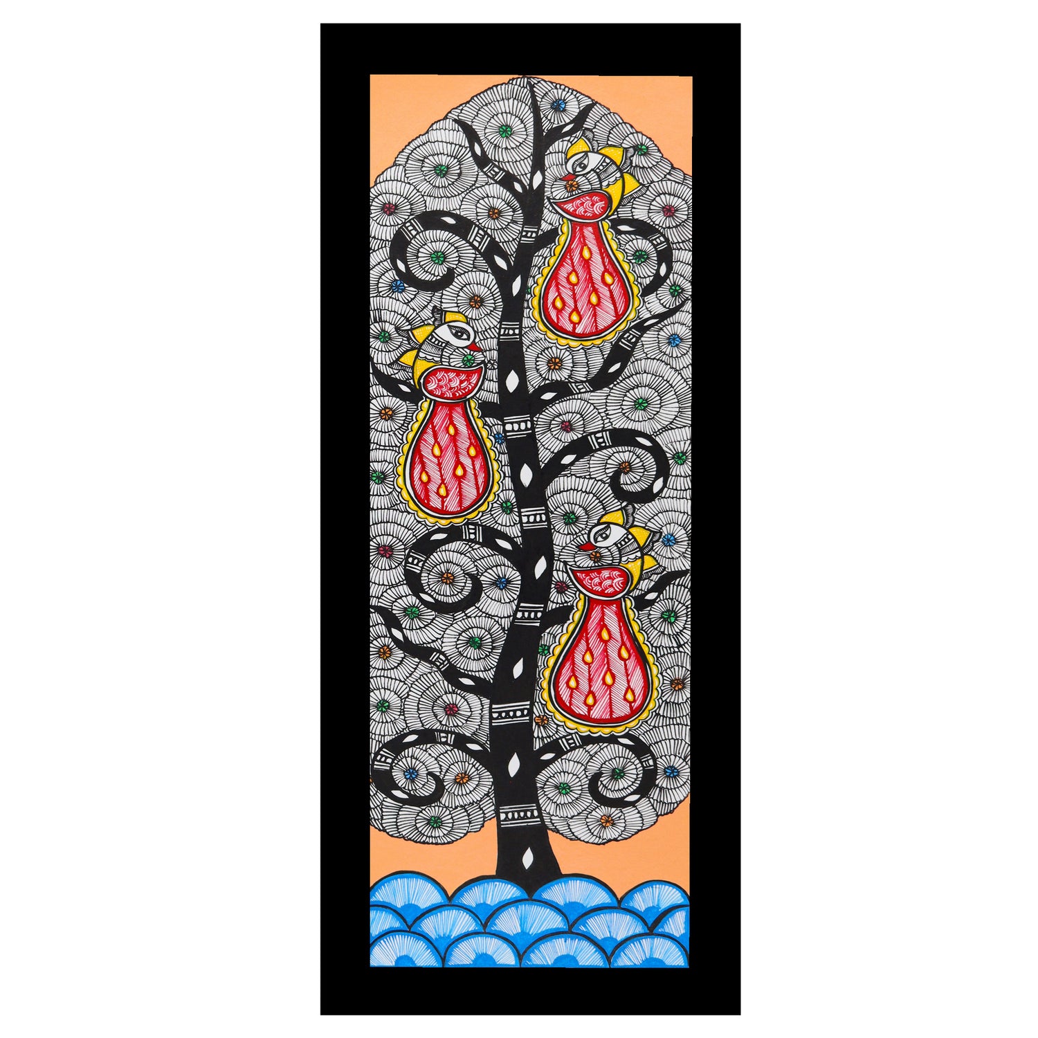 Framed artwork of a colorful peacock tree of life-with handmade madhubani 