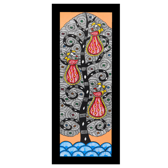 Framed artwork of a colorful peacock tree of life-with handmade madhubani 