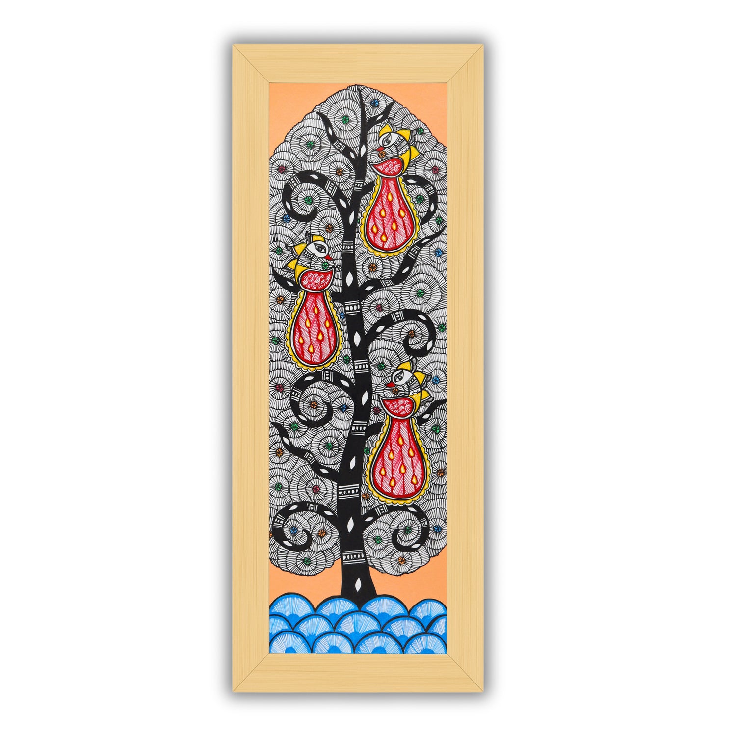 Framed artwork of a colorful peacock tree of life-with handmade madhubani painting 