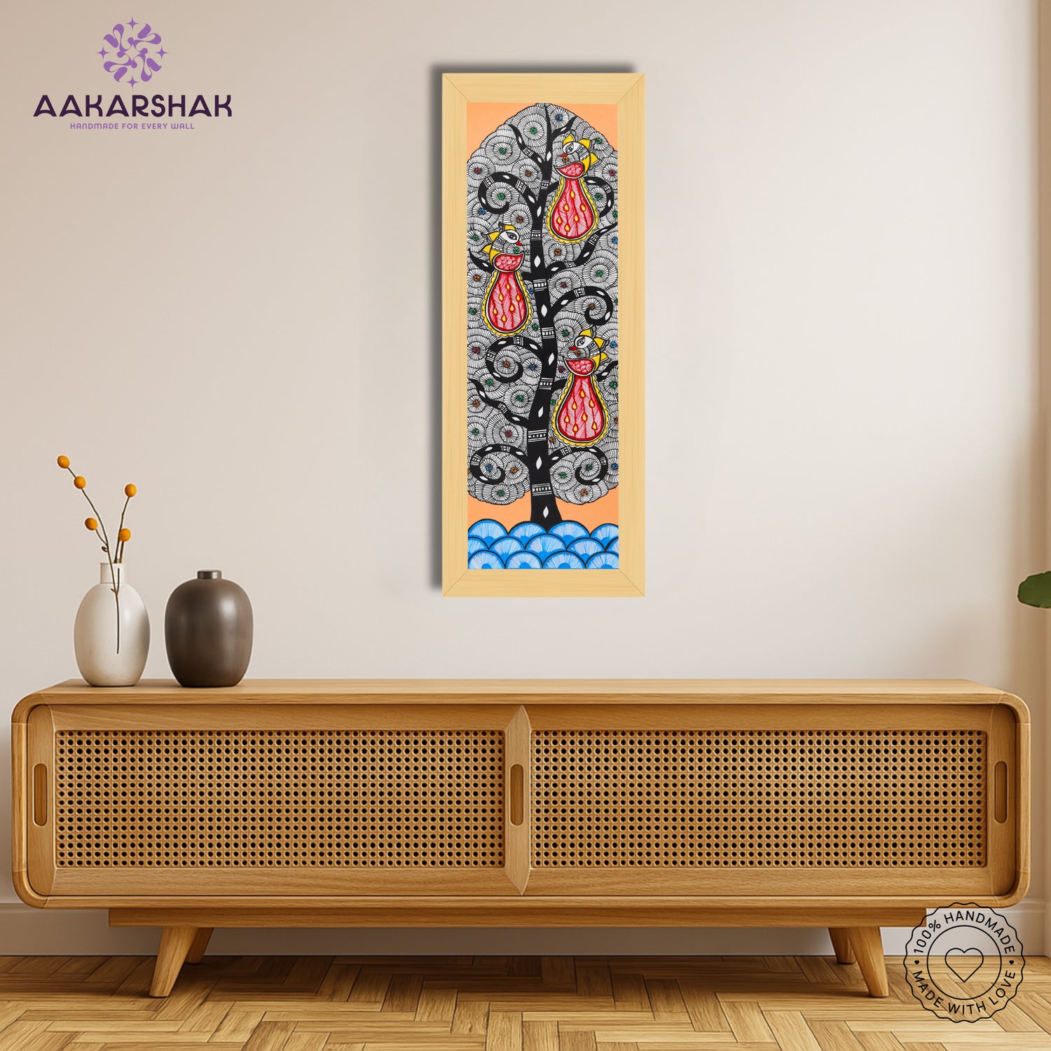 Framed artwork with peacock tree of life design -handmade madhubani painting for home decor