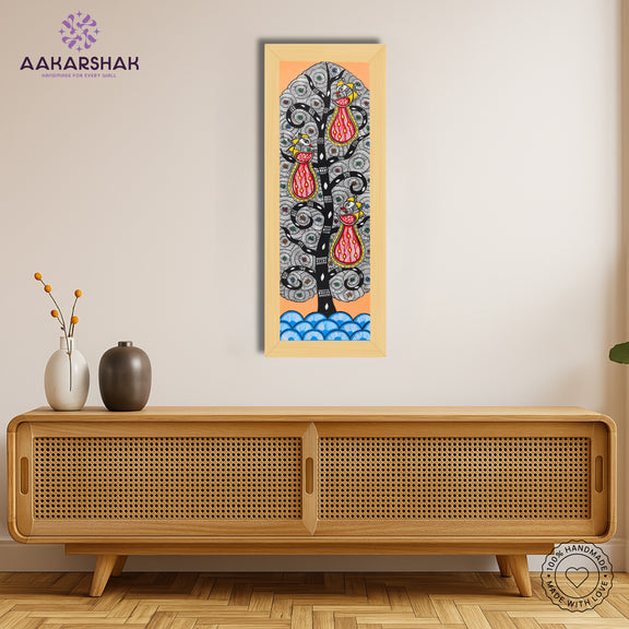 Framed artwork with peacock tree of life design -handmade madhubani painting for home decor