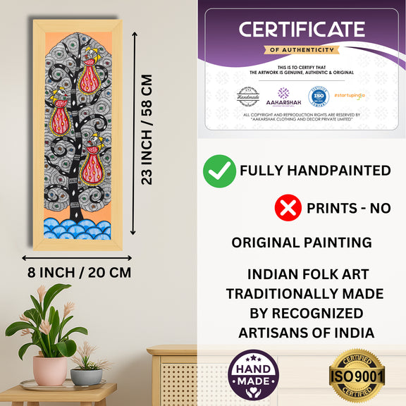 Framed artwork with dimensions, authenticity certificate and handmade iso certified-peacock tree of life madhubani painting