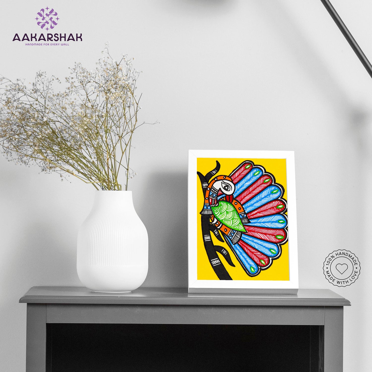 Handmade Madhubani peacock tree of life painting-with tabletop stand for home decor
