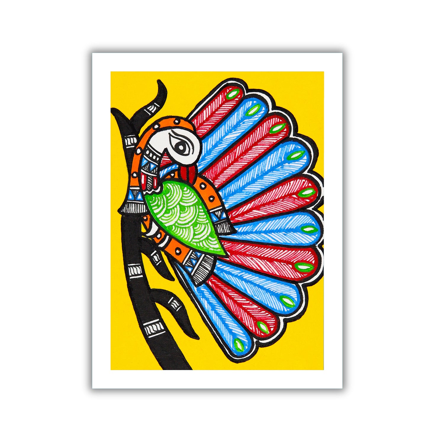 handmade madhubani painting peacock tree of life-in vibrant traditional folk art style
