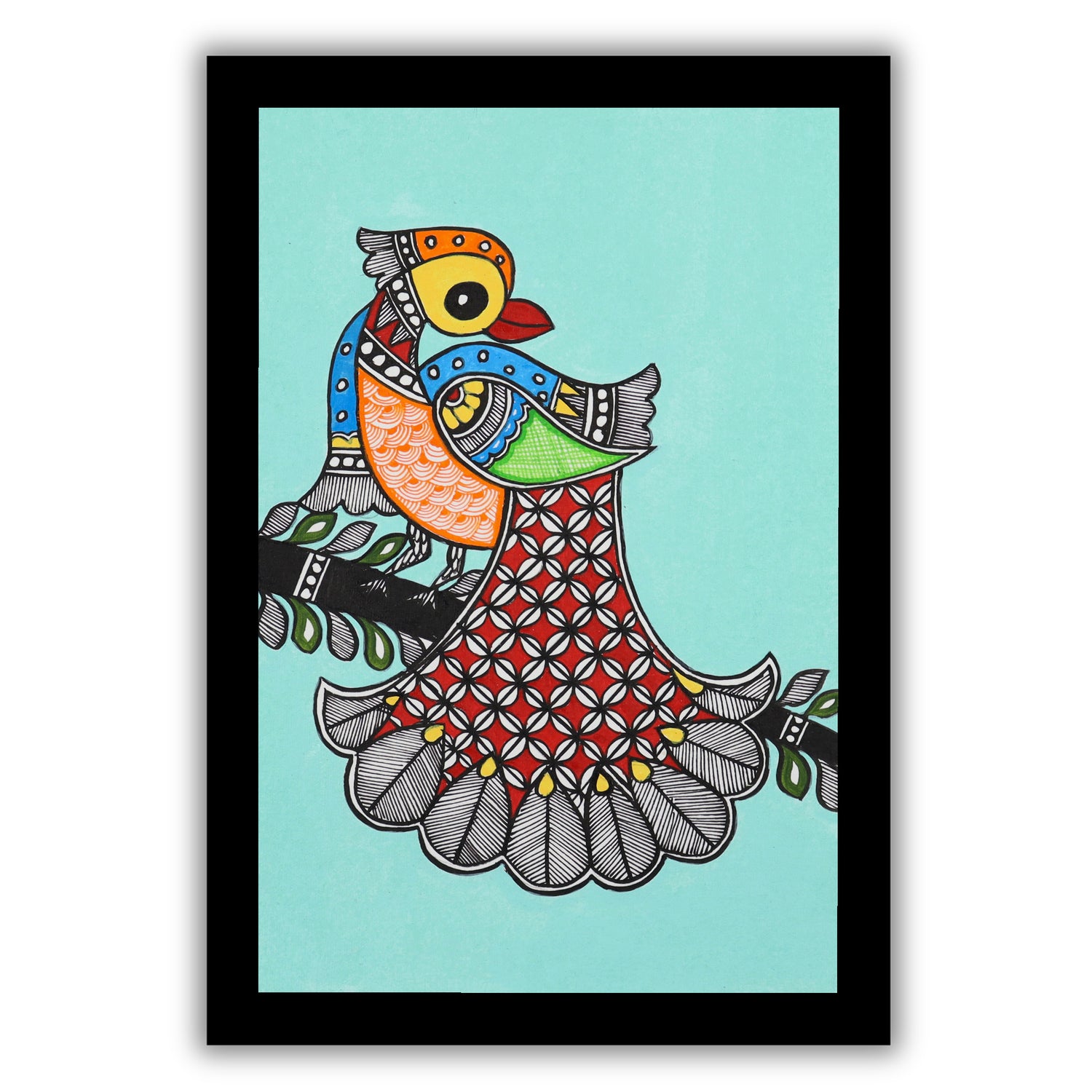 handmade madhubani painting painting peacock-in vibrant traditional folk art style
