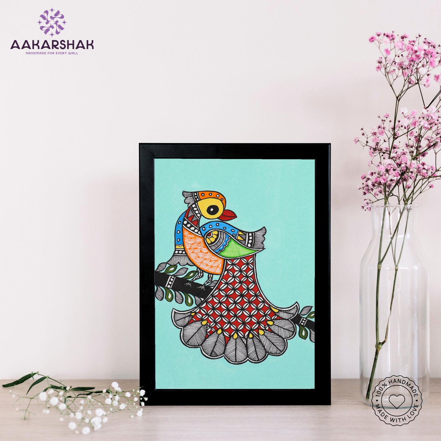 handmade madhubani painting peacock painting-with tabletop stand for home decor

