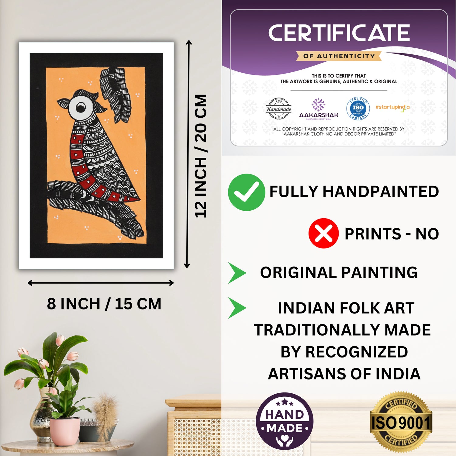 handmade iso certified-peacock madhubani painting
