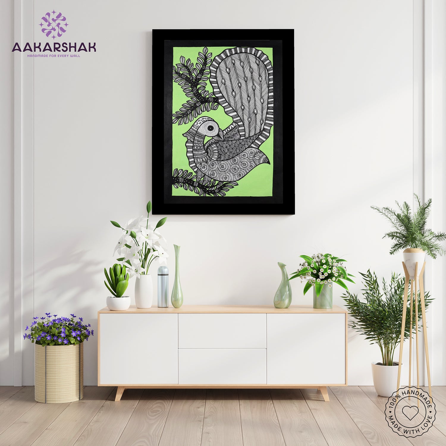 Framed artwork with peacock design -handmade madhubani painting for home decor